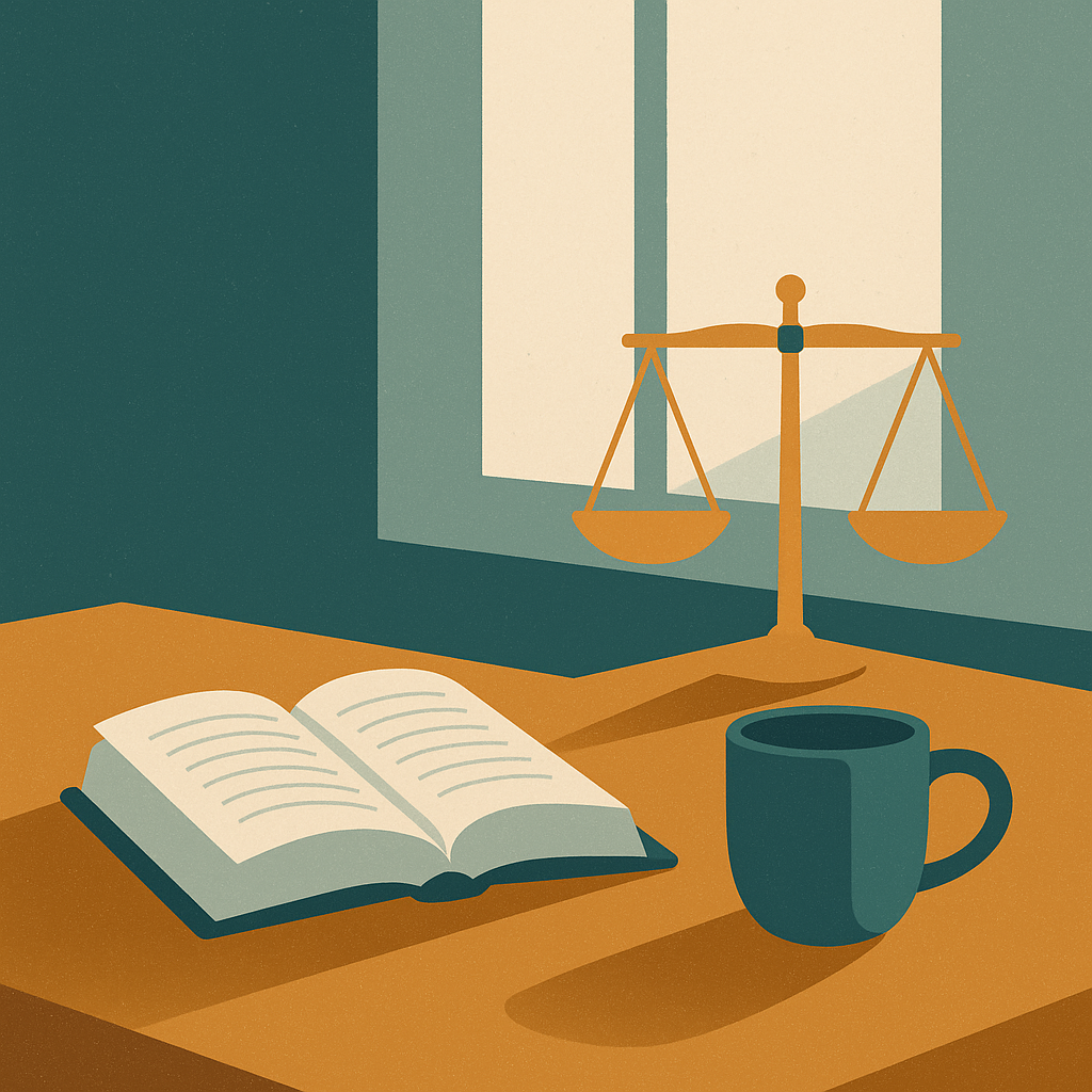 A calm desk with an open book, a cup and the scales of justice